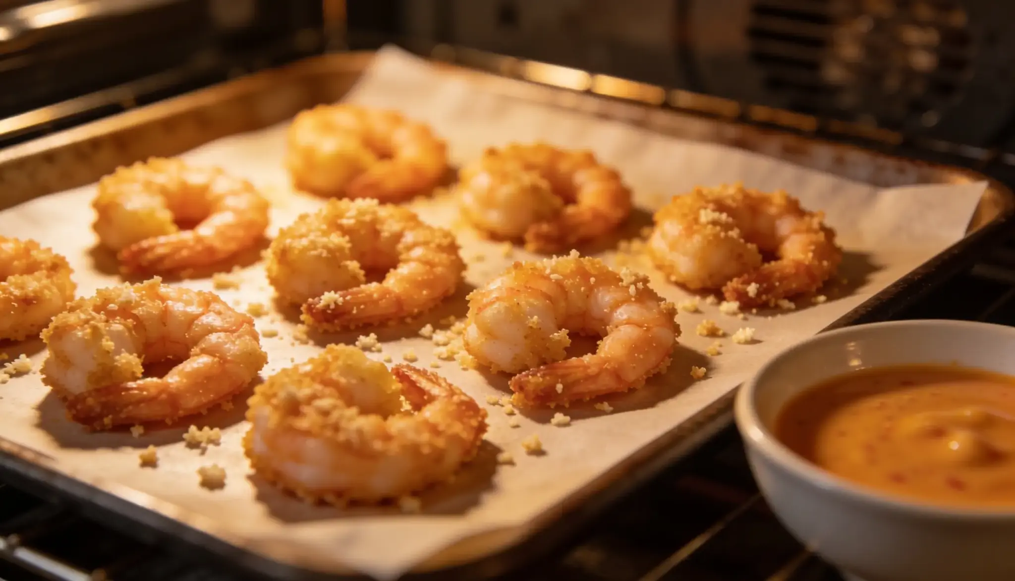 Several breaded shrimp are arranged on a baking sheet with a bowl of dipping sauce.