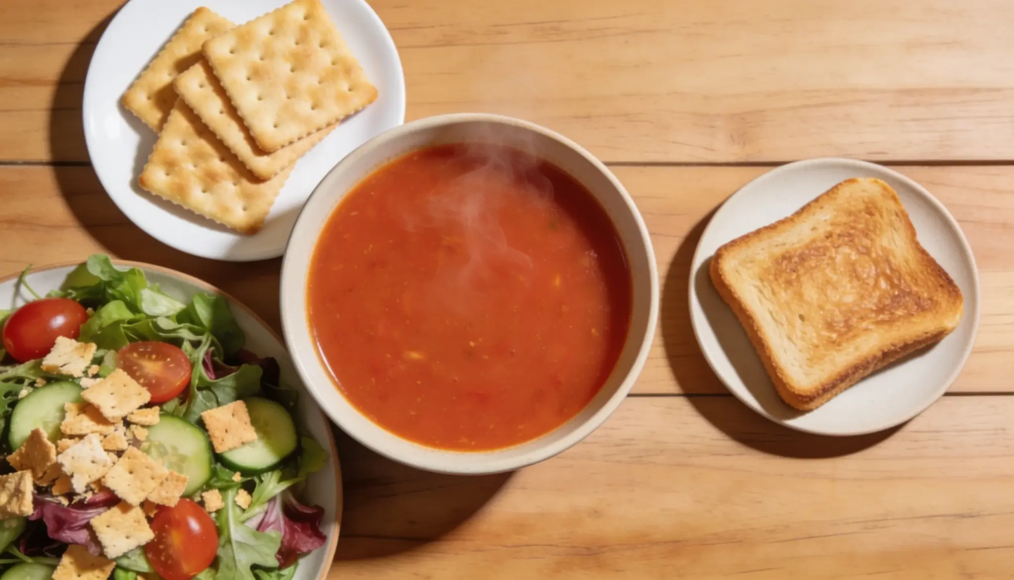 tomato soup with saltine crackers and fresh salad topped with crushed crackers