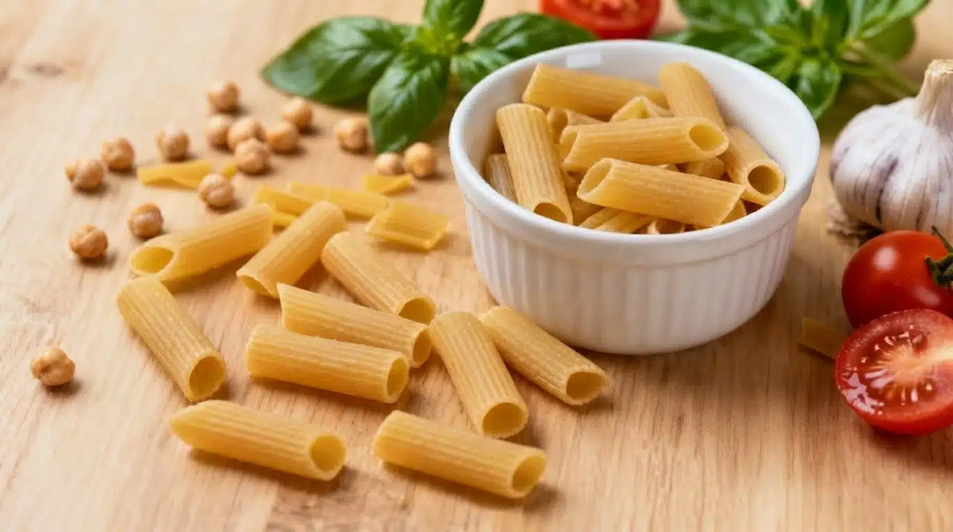 Chickpea pasta rigatoni with chickpeas, basil, tomatoes, and garlic on a wooden board