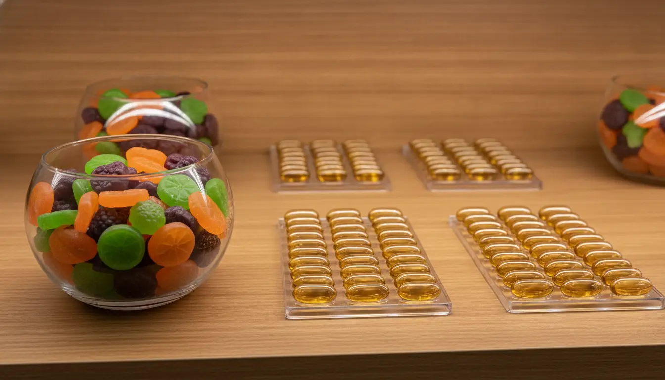 Glass bowls filled with colorful gummy candies beside arranged vitamin capsules on a wooden surface