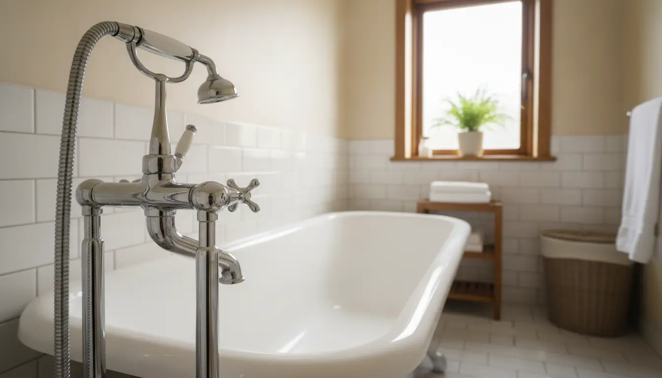Freestanding bathtub with chrome faucet in a bright, tiled bathroom with window and potted plant