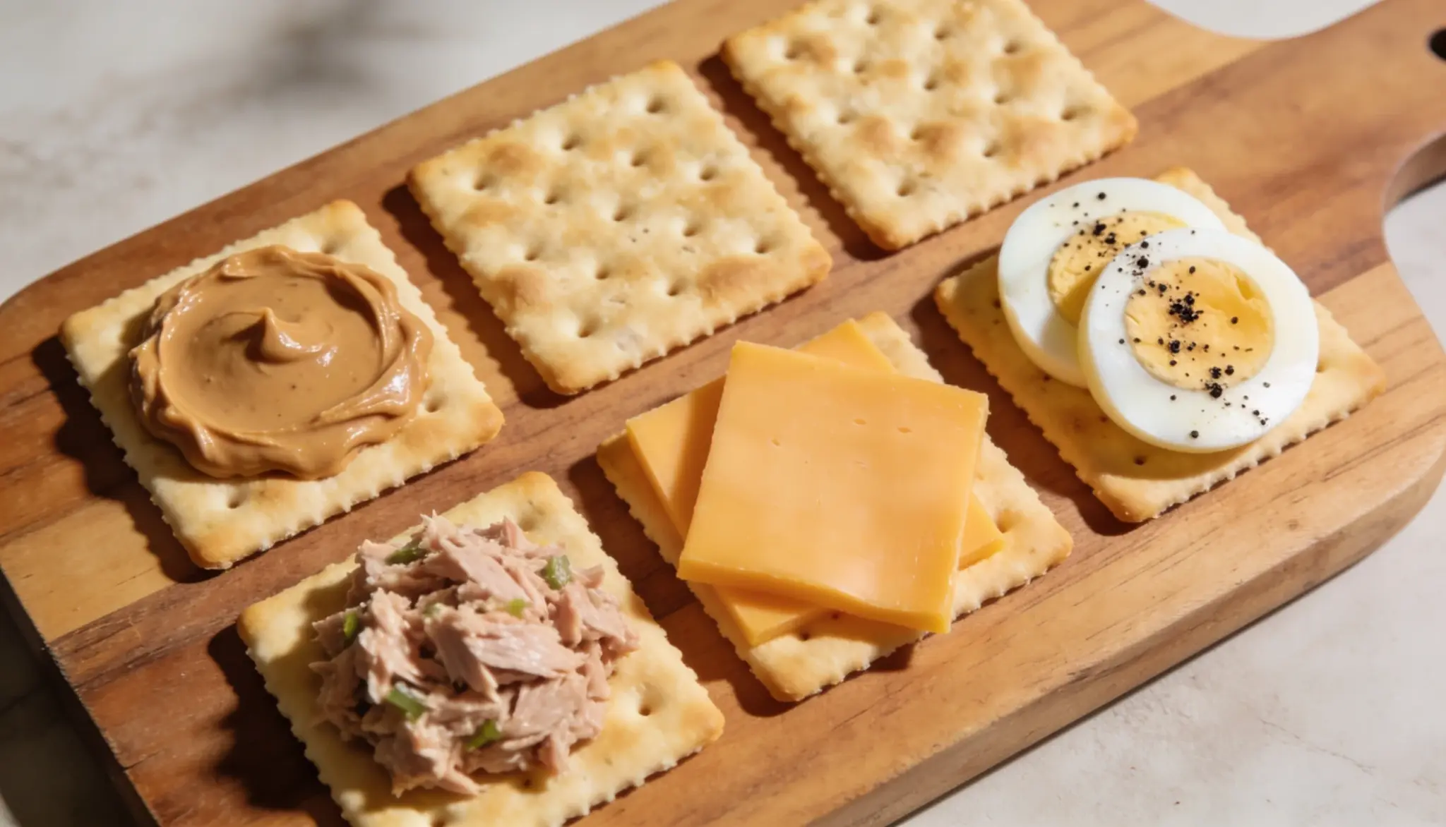 saltine crackers topped with peanut butter cheese tuna and boiled egg