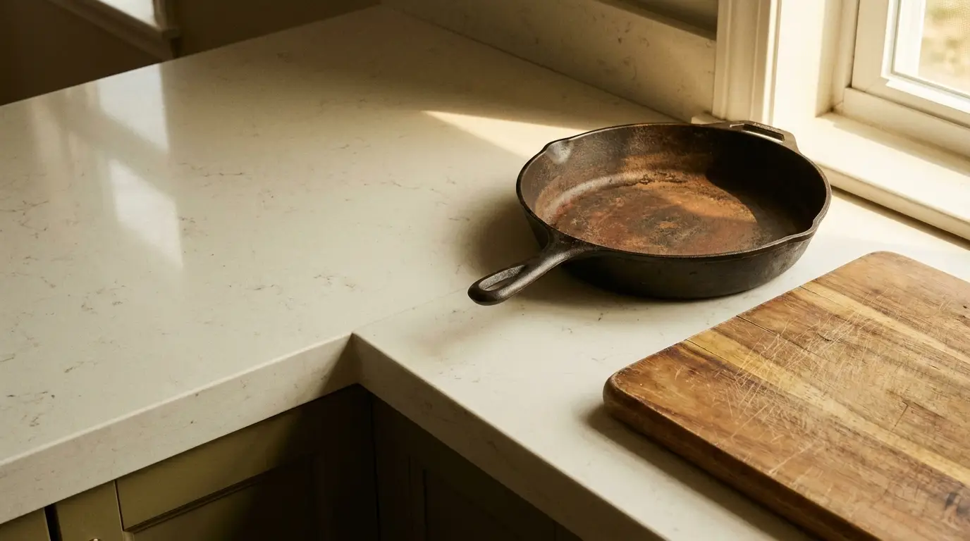 Rustic cast iron skillet on light countertop near wooden cutting board in sunlit kitchen