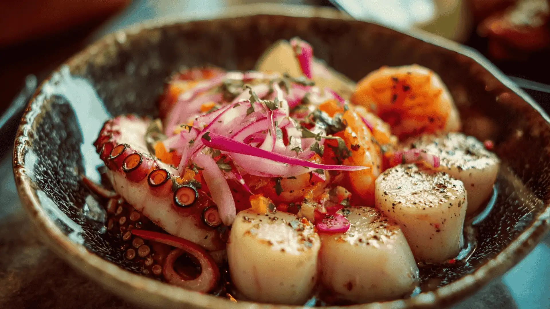 Seared scallops, octopus tentacles, and Mexican ceviche topped with thinly sliced red onion and herbs served in a rustic brown bowl