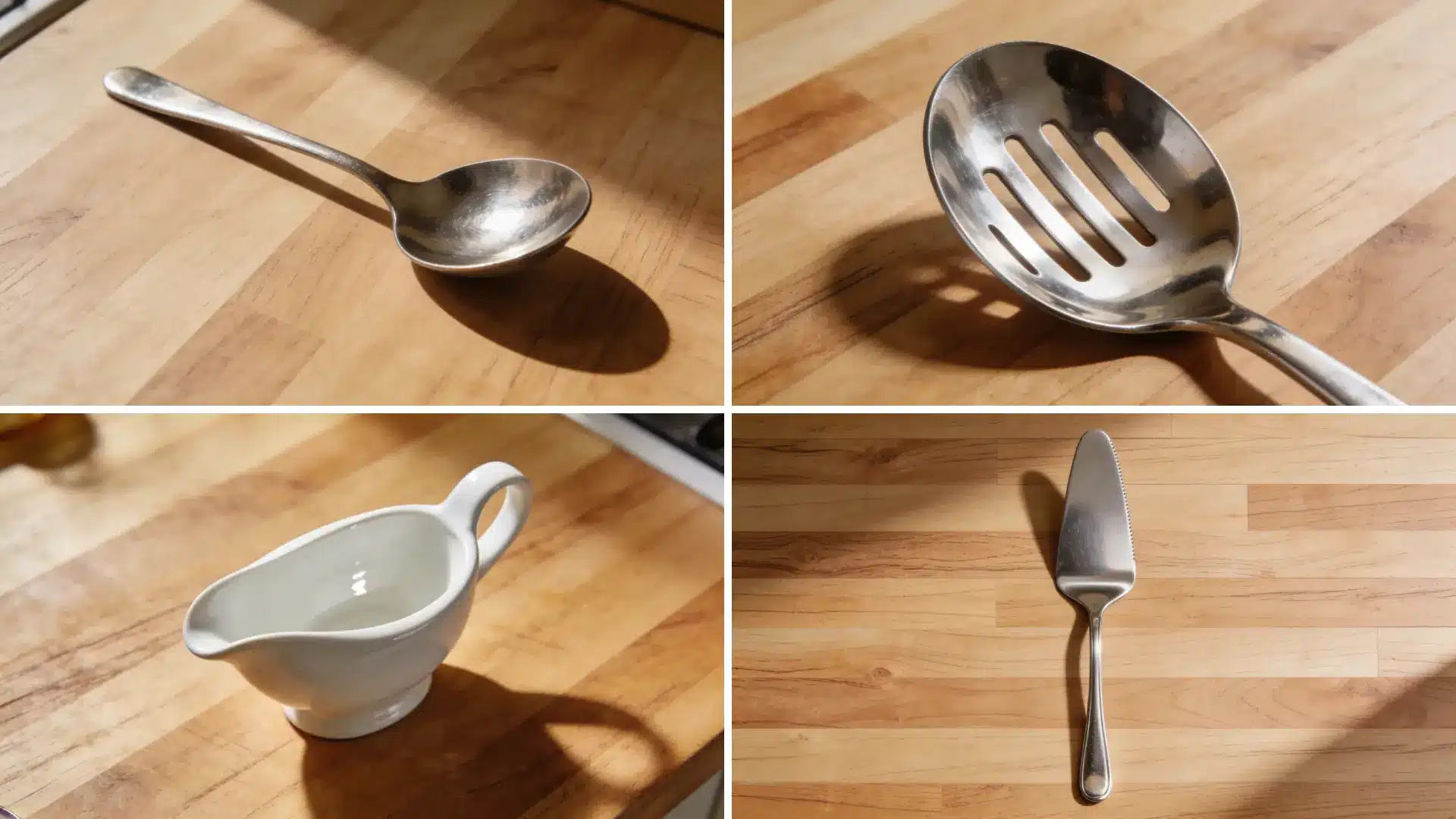 A gravy boat a cake cutter and a ladle arranged on a table showcasing kitchen utensils for serving and cutting