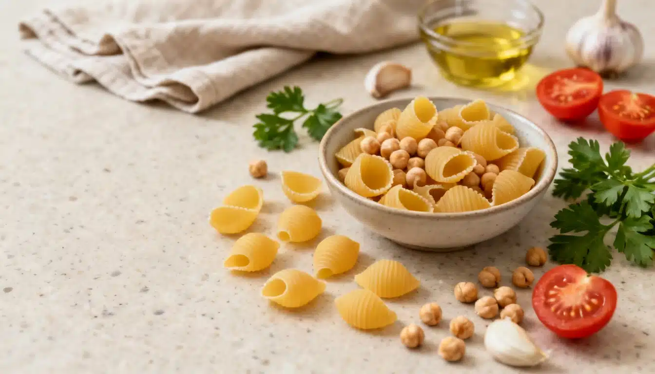 Chickpea pasta shells in a bowl surrounded by fresh chickpeas and vegetables