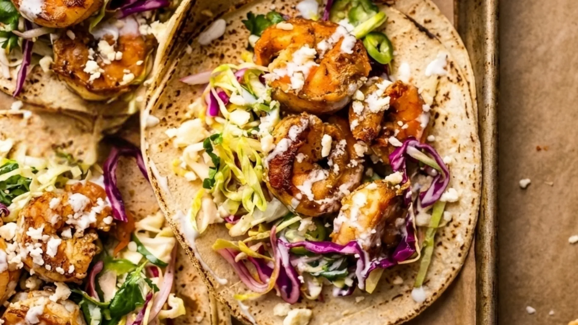 Close-up of three shrimp tacos filled with coleslaw, cilantro, and drizzled with white sauce.