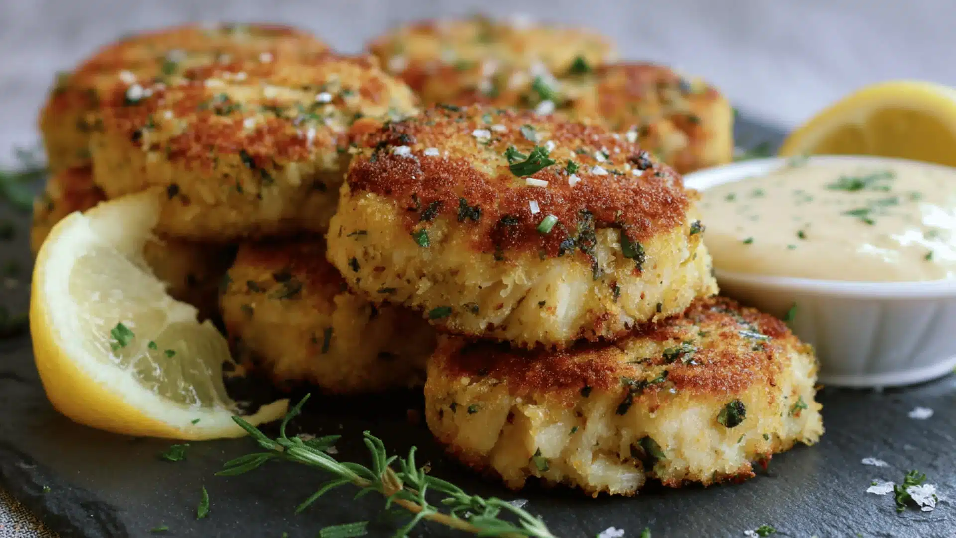 Stack of golden brown cod fish cakes garnished with herbs a side of lemon wedges and creamy dipping sauce on a board