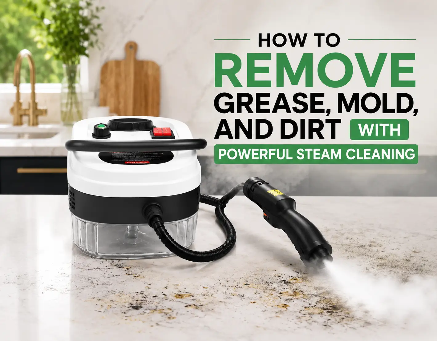 Steam cleaner emitting vapor on marble countertop in bright modern kitchen setting