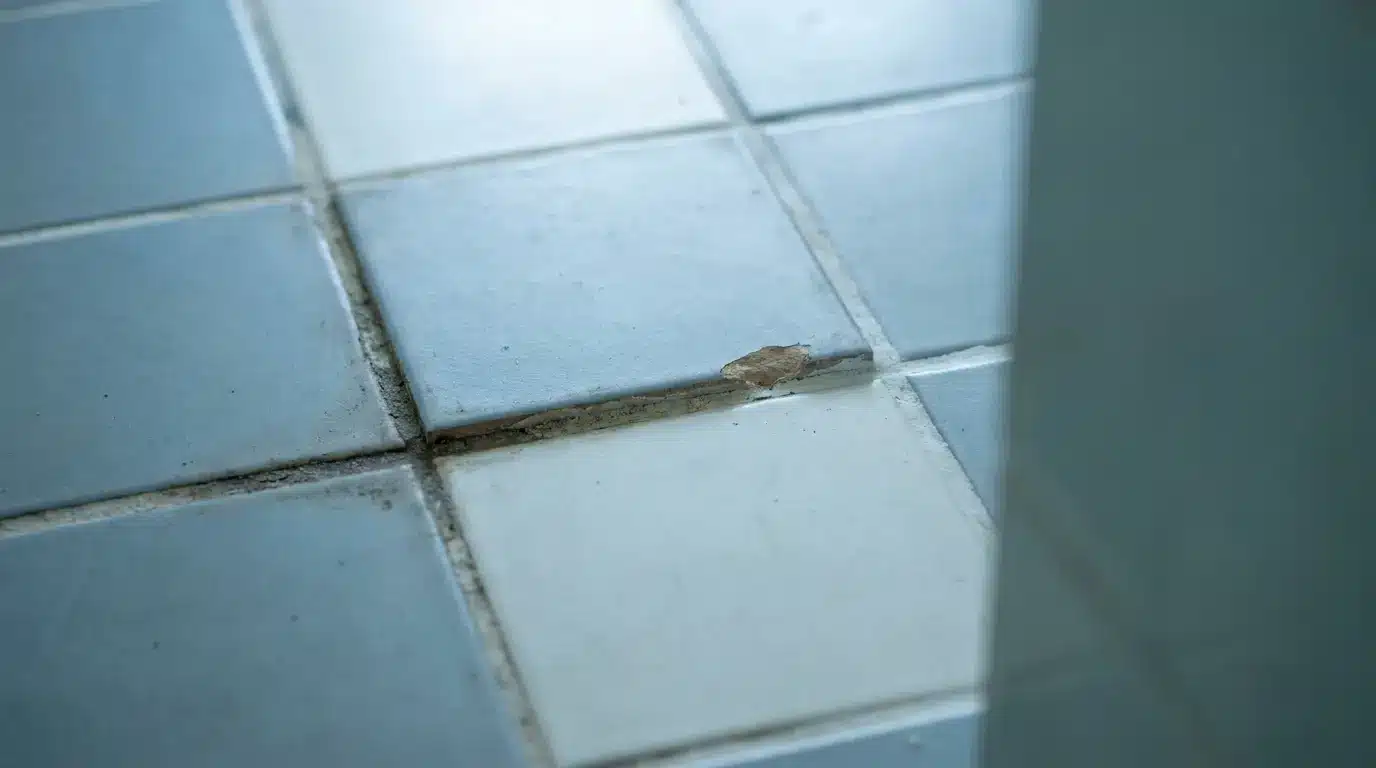 Cracked blue and white ceramic tiles on floor with visible dirt in grout lines
