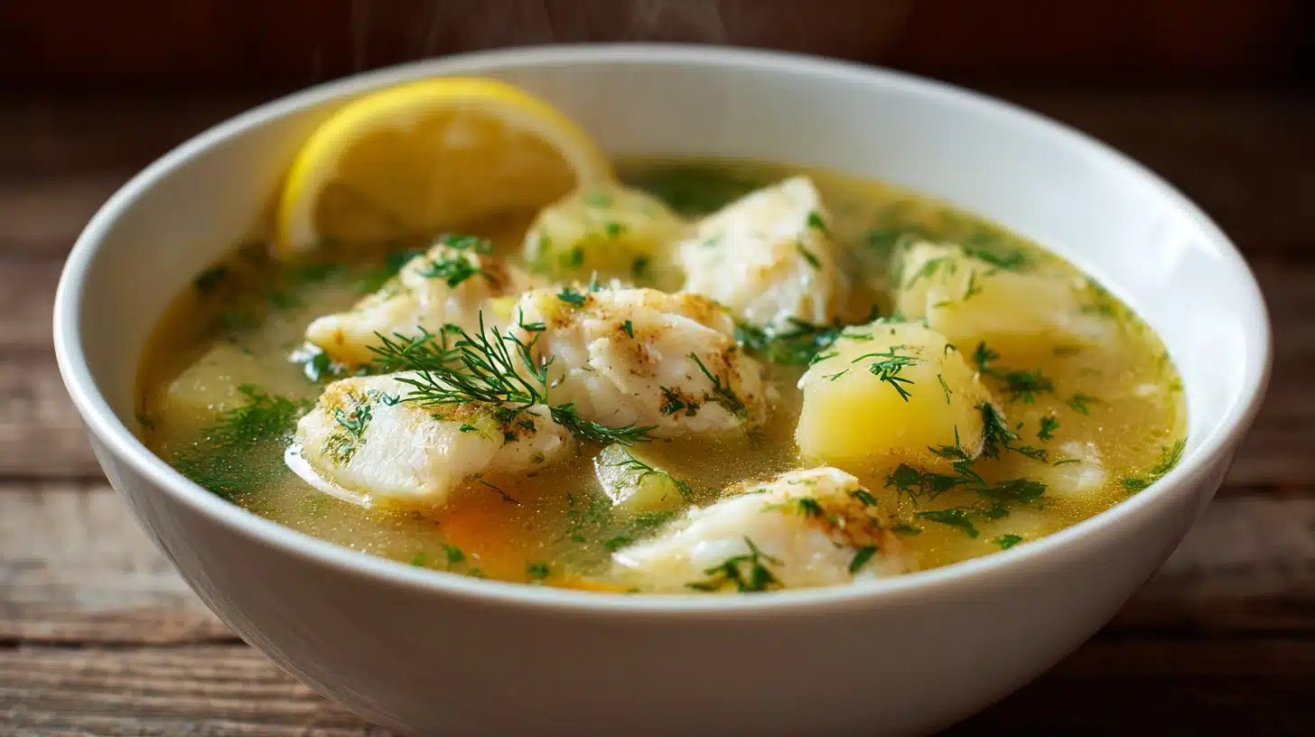 Steamed haddock fish and potato soup garnished with fresh dill and a lemon slice served in a white bowl on a rustic wooden surface