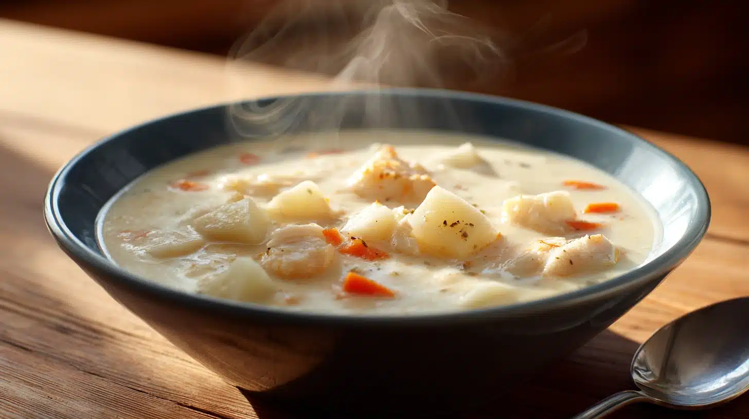 Steaming bowl of creamy clam chowder with chunks of potato and carrot resting on a wooden surface beside a spoon
