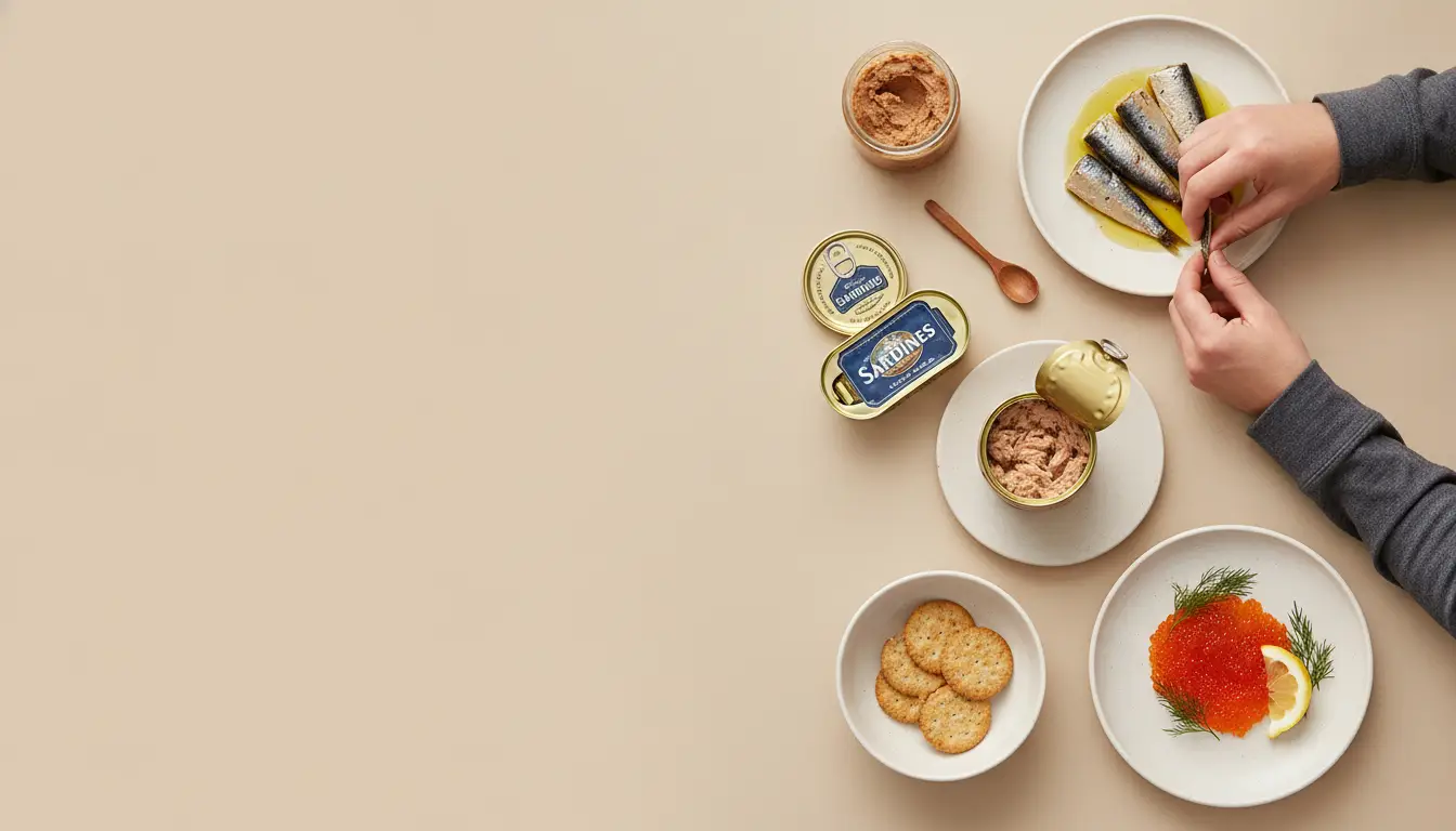 Hands preparing sardines on plate with open cans, crackers, and caviar in neutral setting