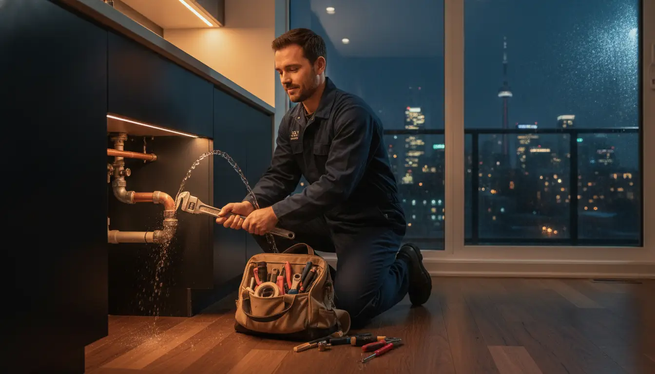 Plumber fixing leaking pipe under kitchen sink with city skyline in background