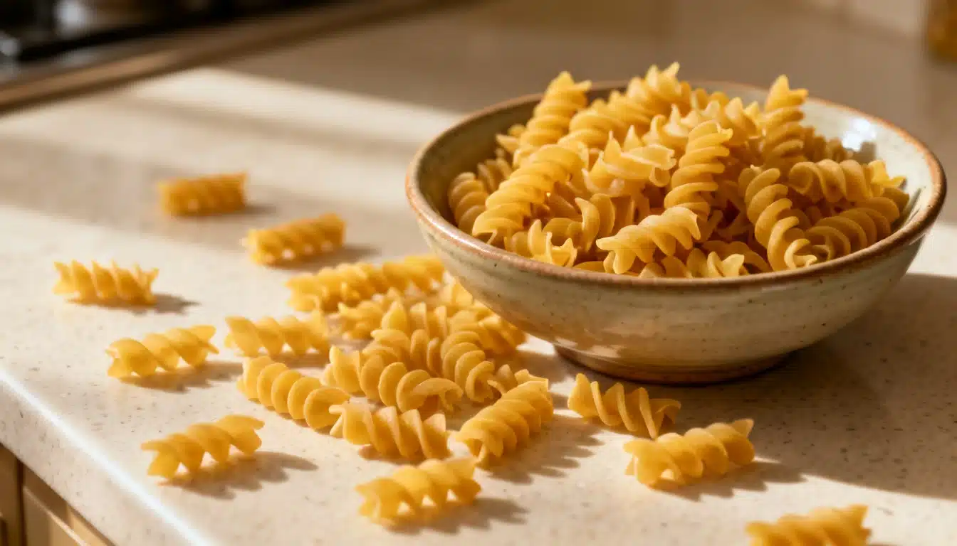 Chickpea pasta spirals in a bowl on a kitchen counter