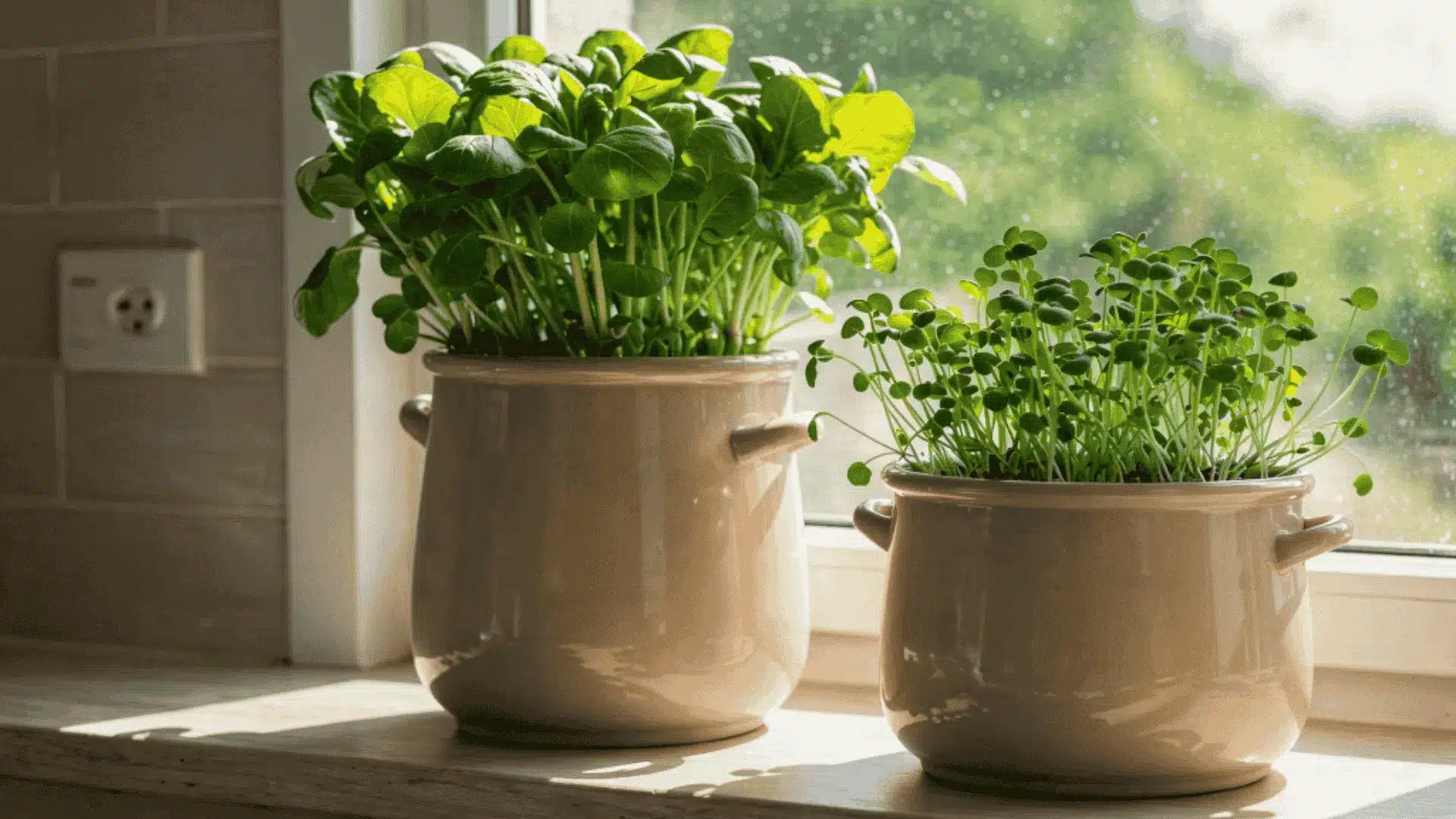 Two ceramic pots filled with lush green leafy vegetables sit on a sunlit wooden windowsill in a bright kitchen