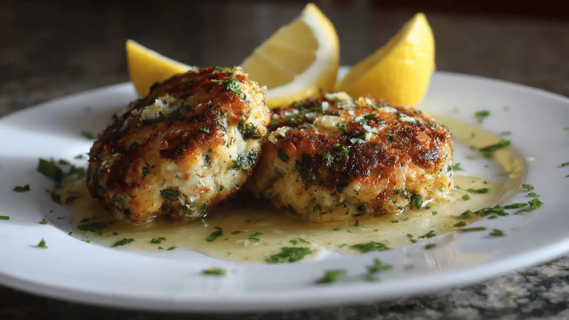 Two golden brown cod fish cakes garnished with parsley served in butter sauce with lemon wedges on a white plate