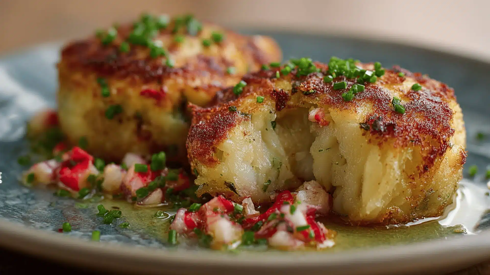 Two golden brown cod fish cakes topped with chopped chives on a blue plate next to a salsa of diced red and white ingredients in a pool of oil