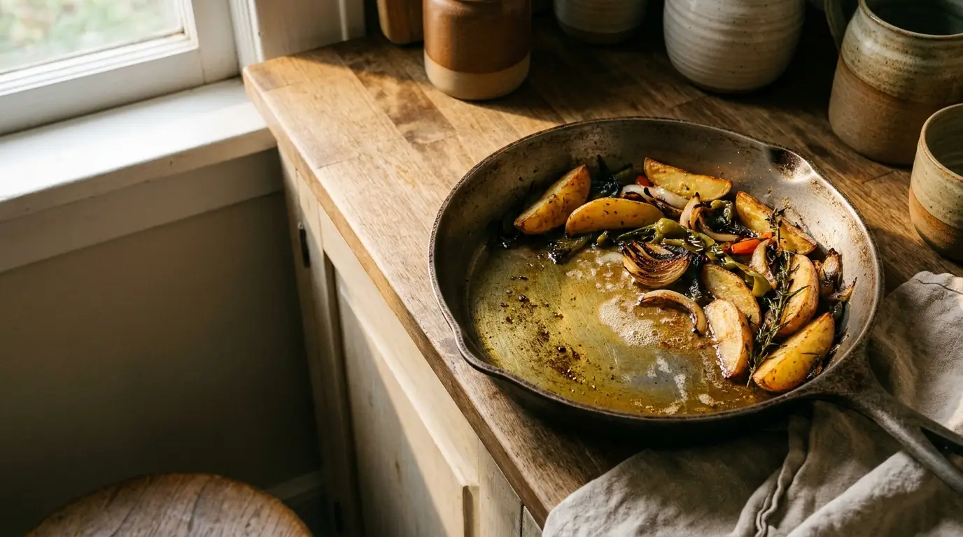Roasted potatoes and onions with herbs in a rustic skillet on wooden countertop