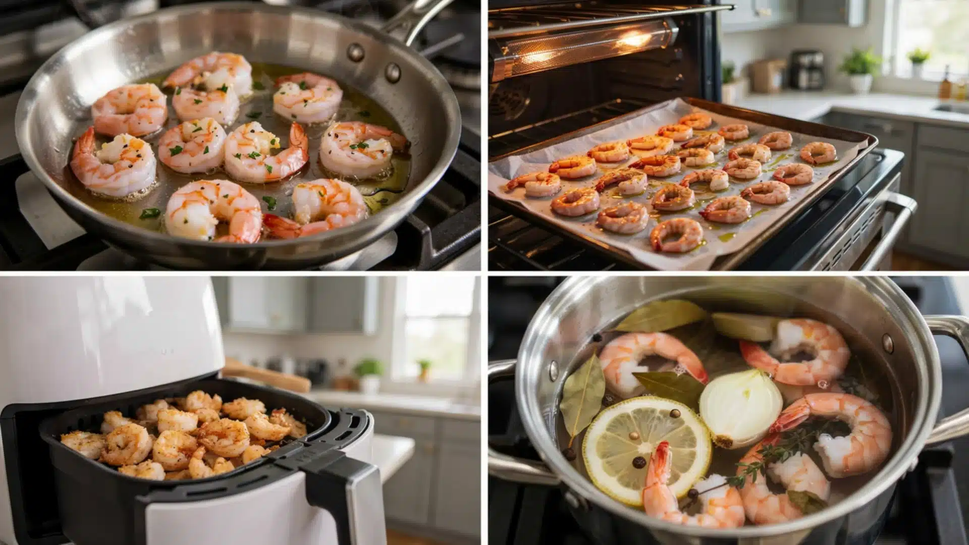 Four images depict shrimp, potatoes, and other ingredients being prepared in an air fryer and through other ways.