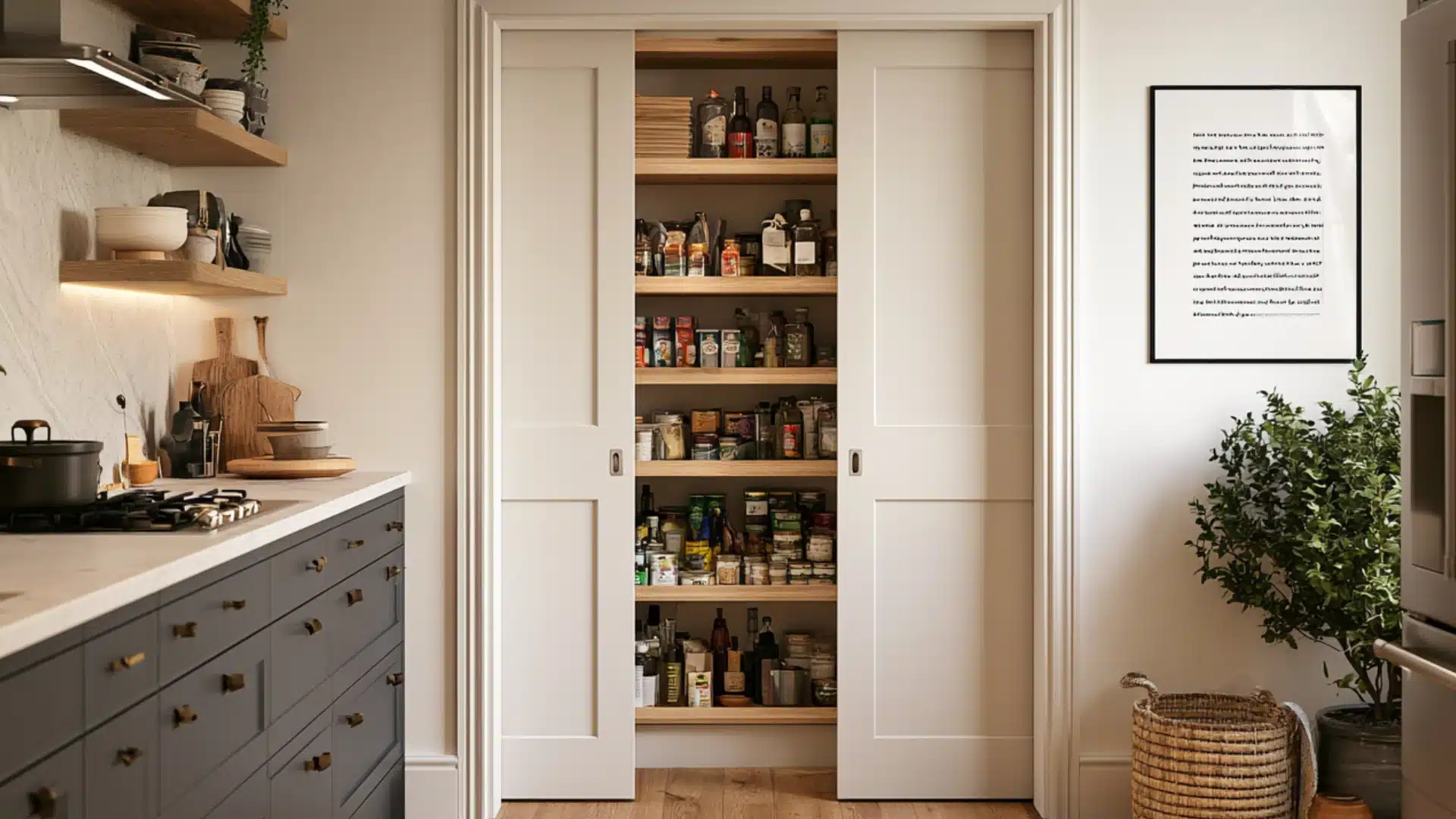 Small kitchen pantry with sliding doors and neatly stocked wooden shelves beside gray cabinets and woven baskets