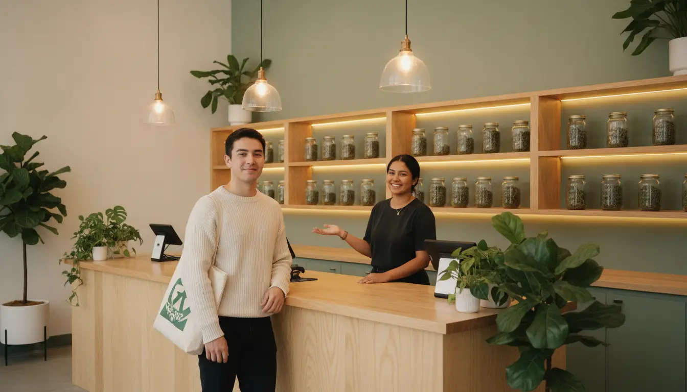Man holding tote bag and woman standing at reception desk in green-themed store with potted plants