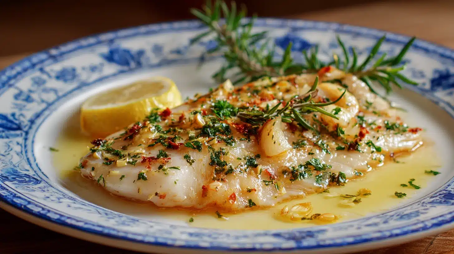 A pan skate fish fillet cooked with herbs and lemon, served on a blue and white plate