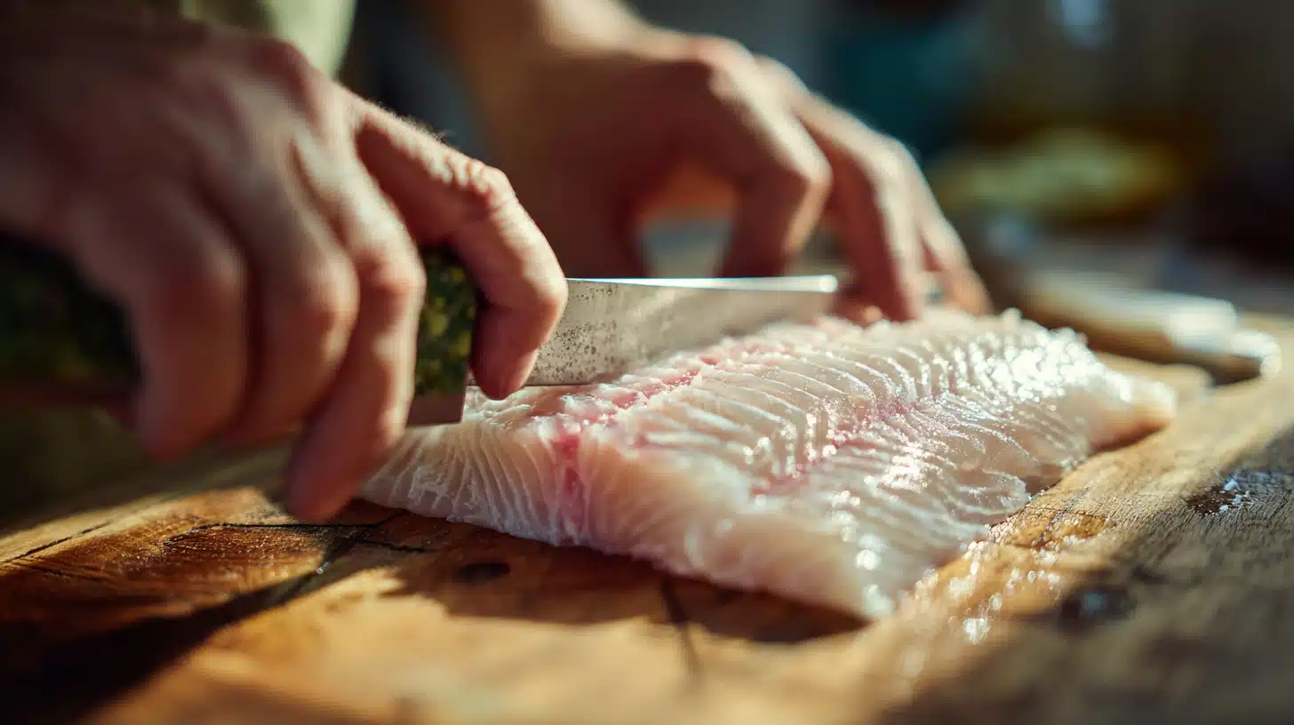 A person skillfully cutting skate fish on a wooden cutting board, demonstrating fish preparation techniques