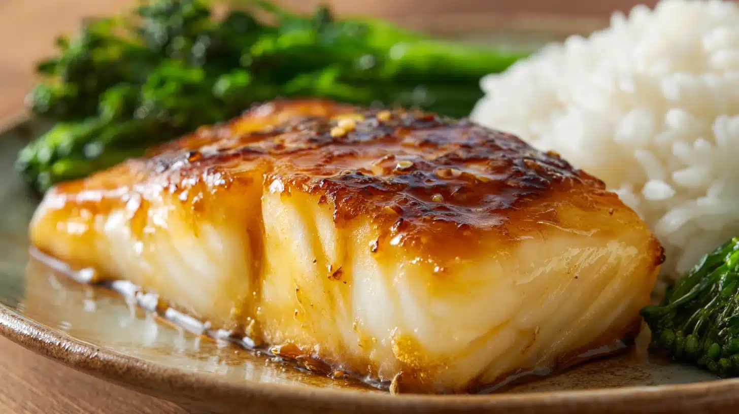 A plate featuring miso-glazed sablefish, served with rice and steamed broccoli.