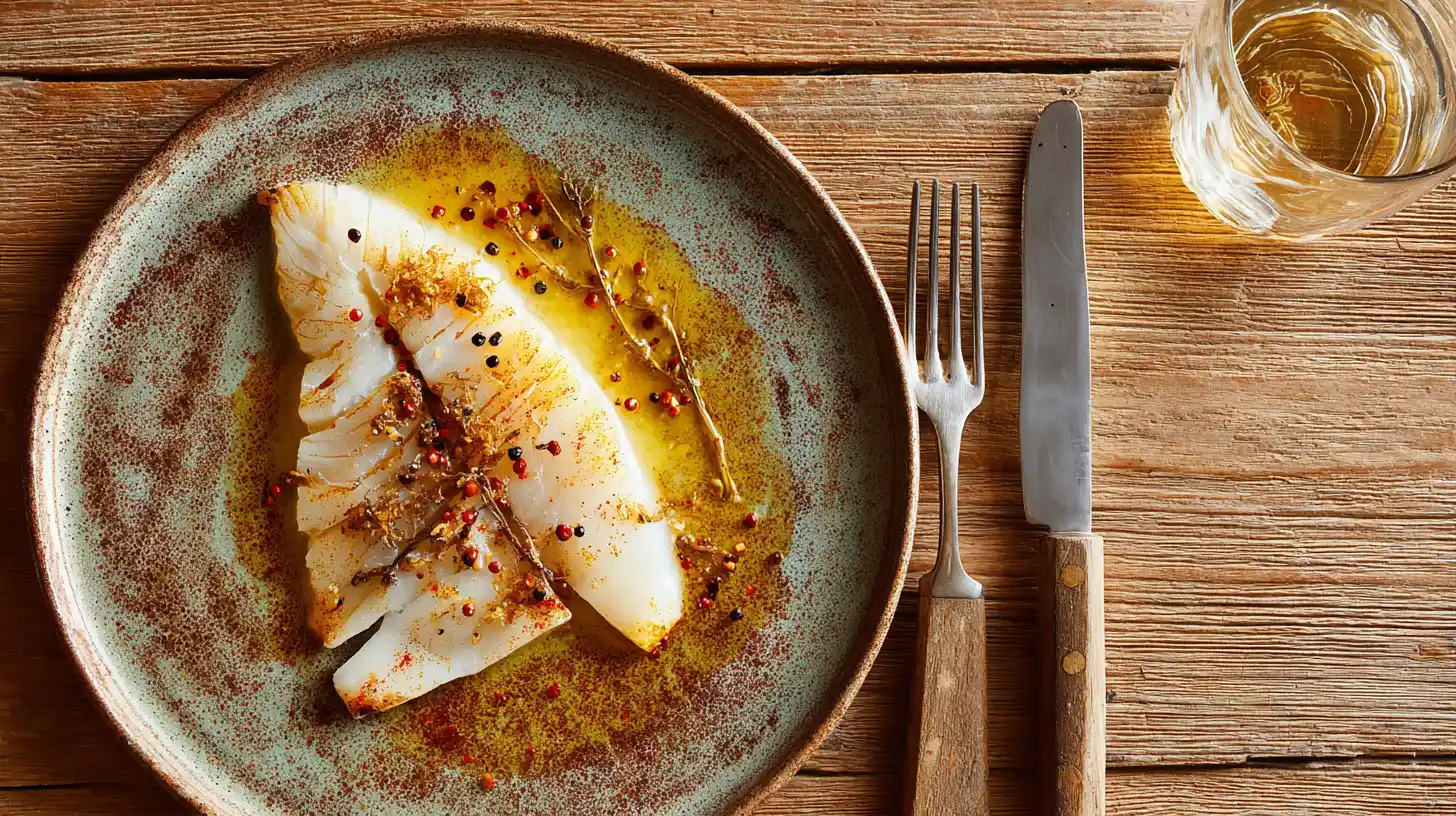 A plate featuring poached skate seasoned with mild spices, accompanied by a knife and fork