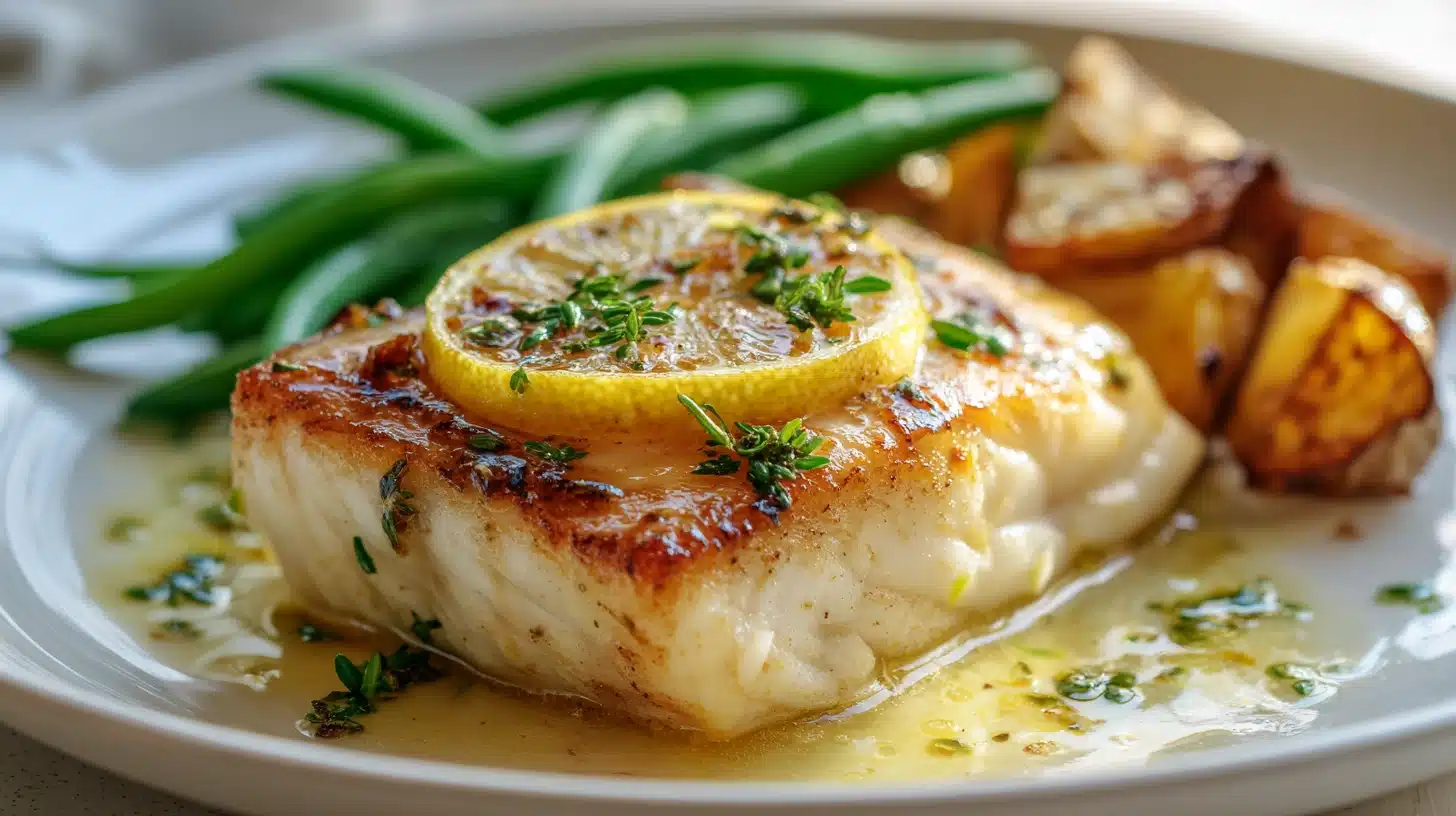A plate featuring sablefish with lemon and butter, accompanied by potatoes and green beans.