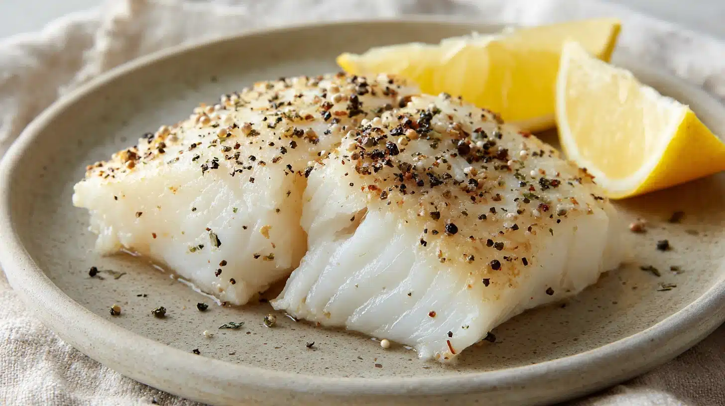 A plate featuring two pieces of salt and pepper sablefish garnished with lemon slices.