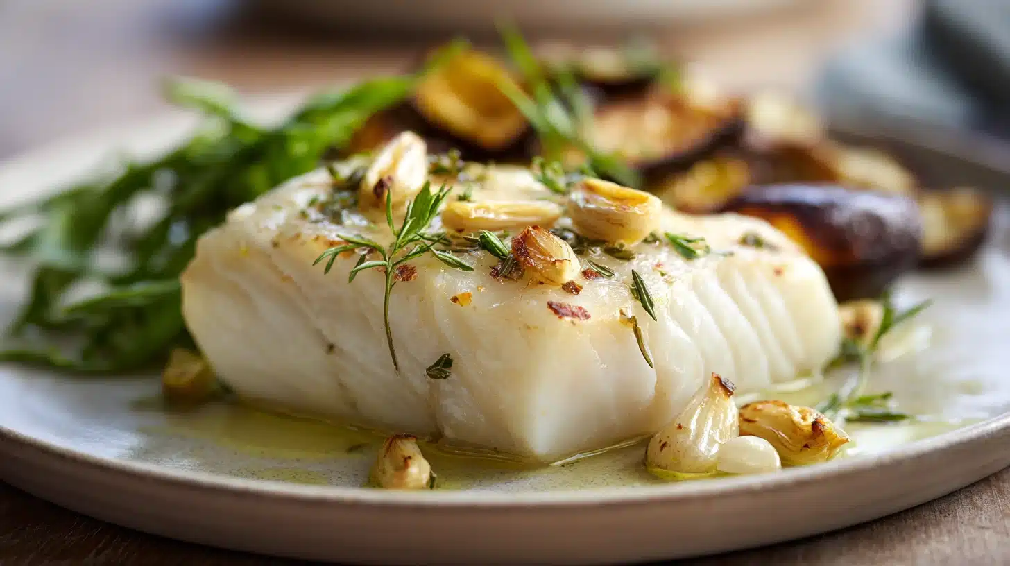 A plate of oven-baked sablefish garnished with garlic and fresh herbs.