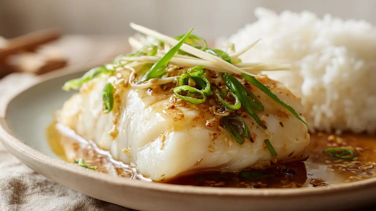 A plate of rice topped with sablefish garnished with ginger and scallions.