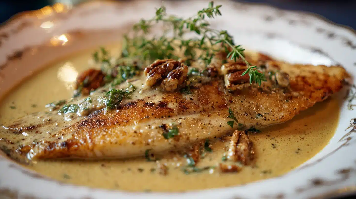 A plate skate fish cooked in brown butter sauce, garnished with fresh herbs