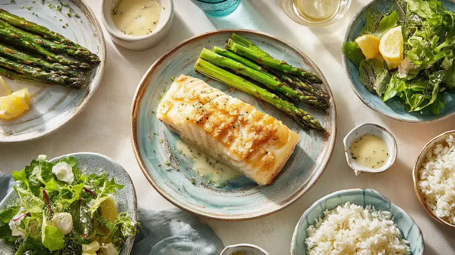 A table set with plates of asparagus, rice, and lemon, featuring serving options with sablefish.