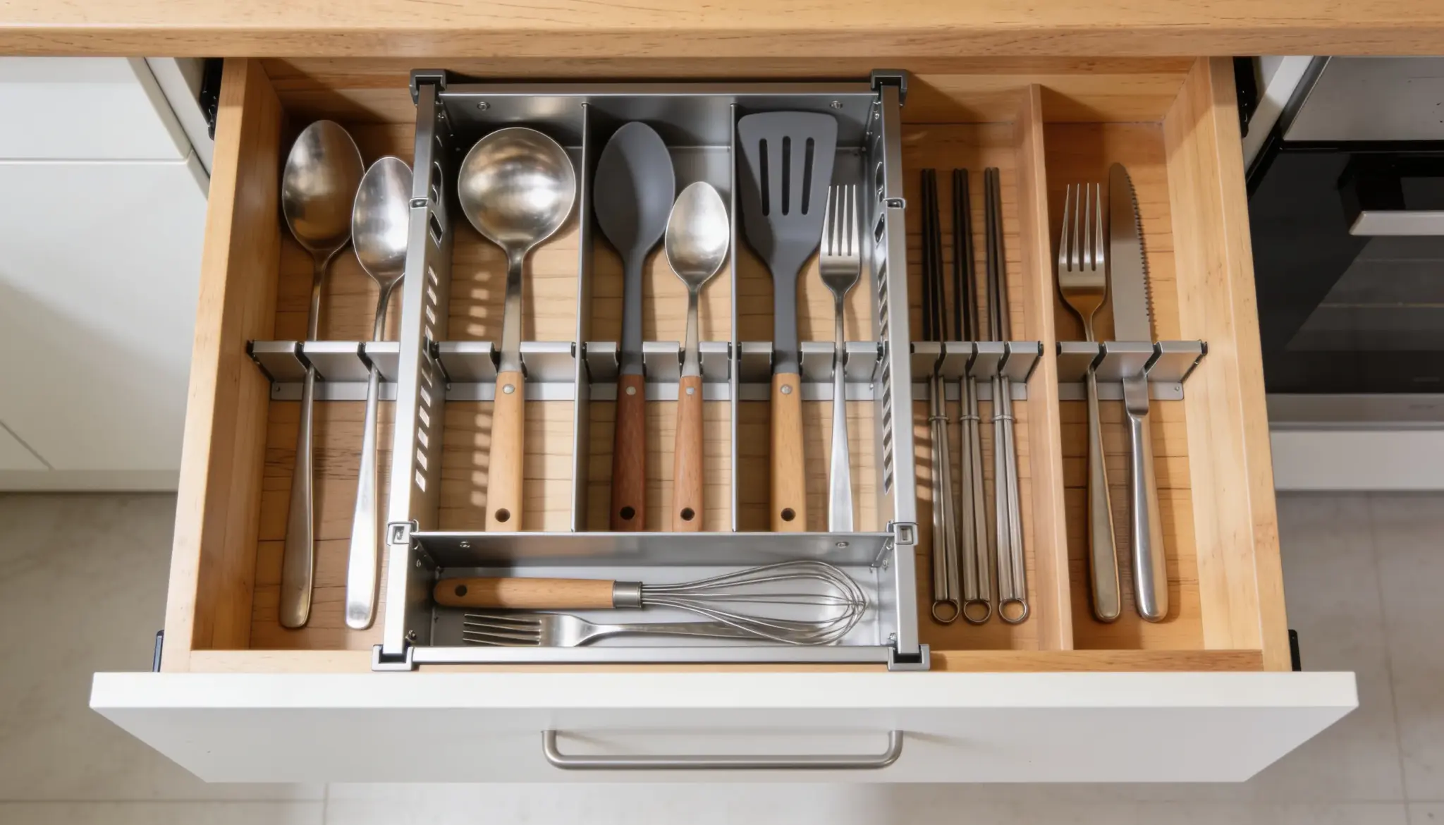 An open kitchen drawer displays a silver cutlery organizer filled with various utensils including spoons, spatulas, forks, knives, chopsticks, and a whisk.