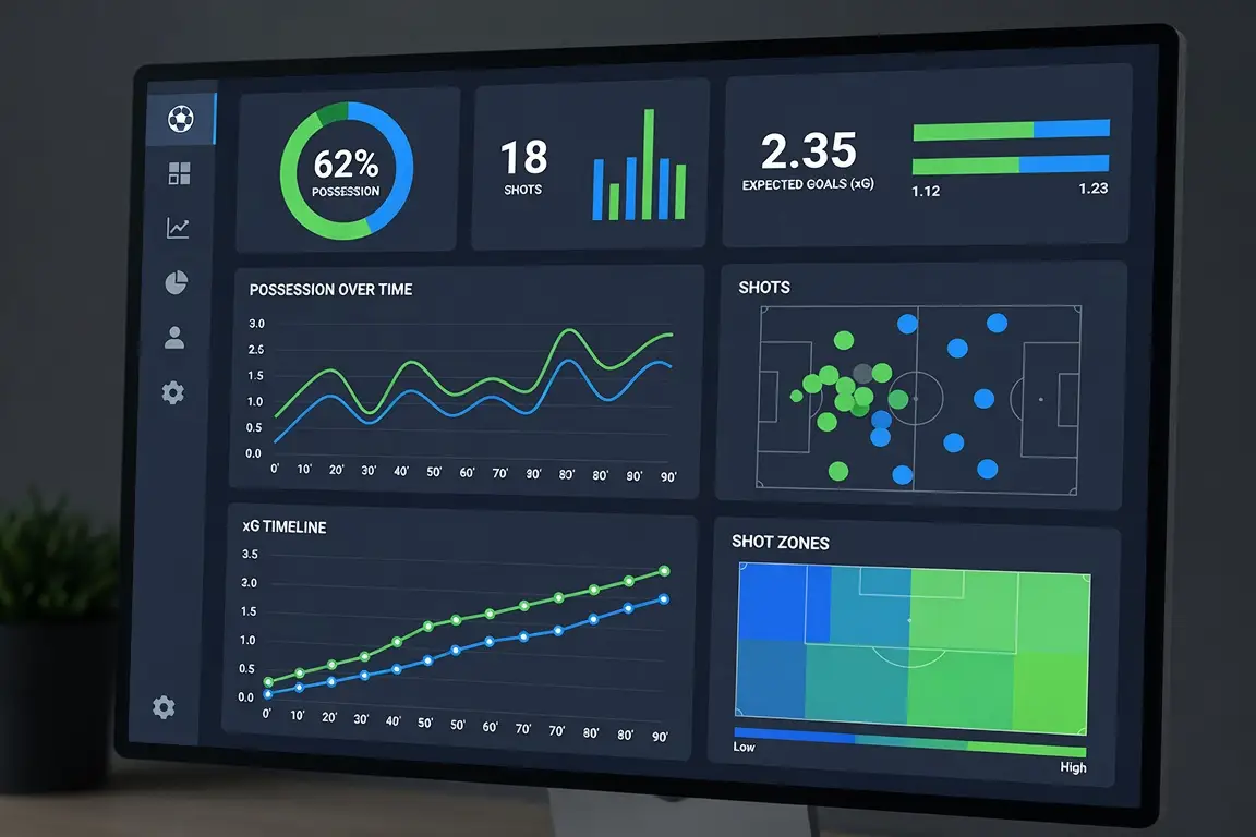Soccer analytics dashboard on computer screen with graphs and data visualization in dark office setting