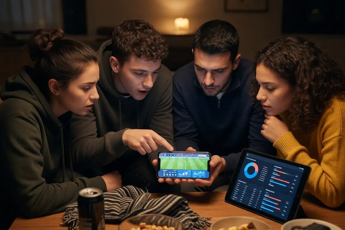 Four people watching a soccer game on a tablet in a cozy living room setting