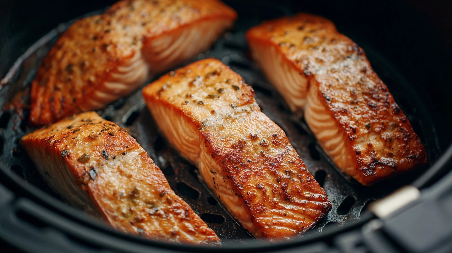 Air fryer containing four salmon pieces, cooking to a perfect golden-brown, highlighting their appetizing appearance.
