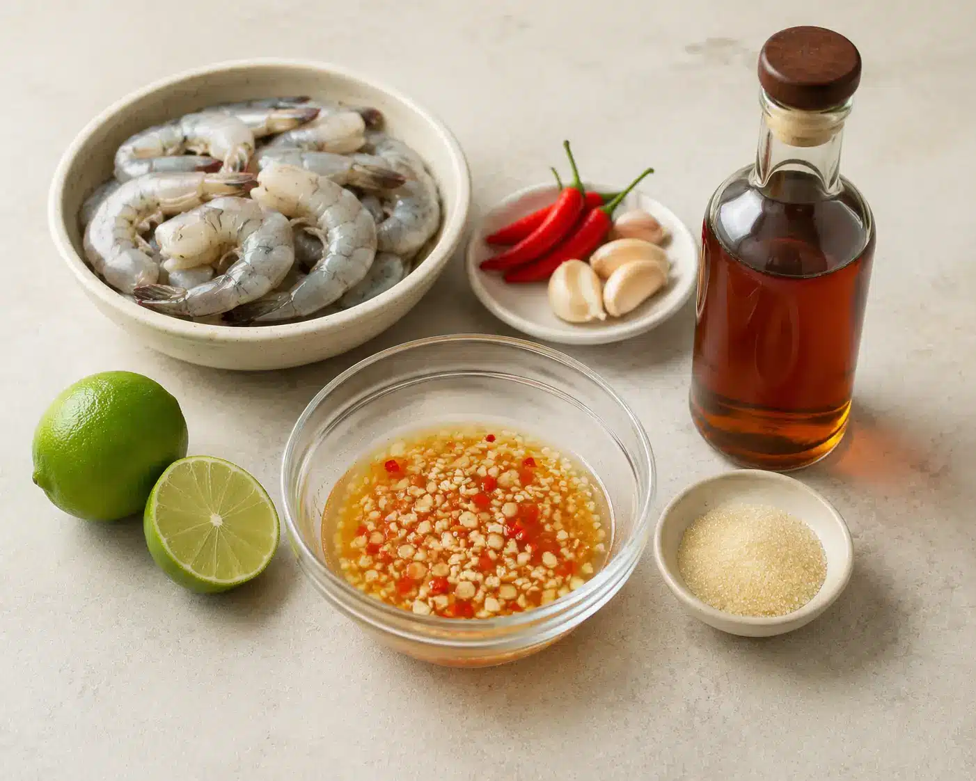 Raw shrimp, lime, garlic, and chilies with fish sauce ingredients on a light countertop