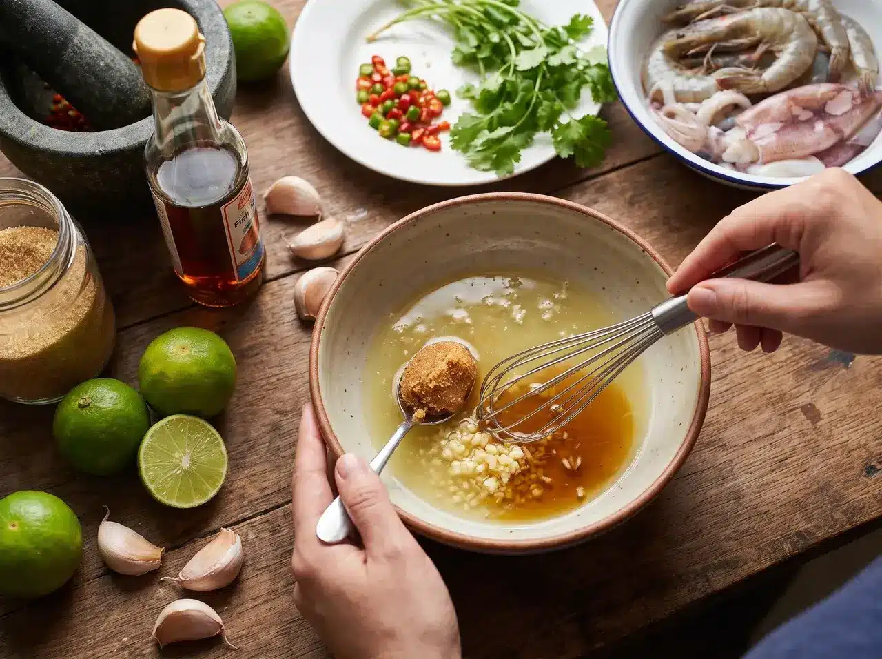 Mixing ingredients in ceramic bowl on rustic wooden table with garlic, lime, and fish sauce nearby
