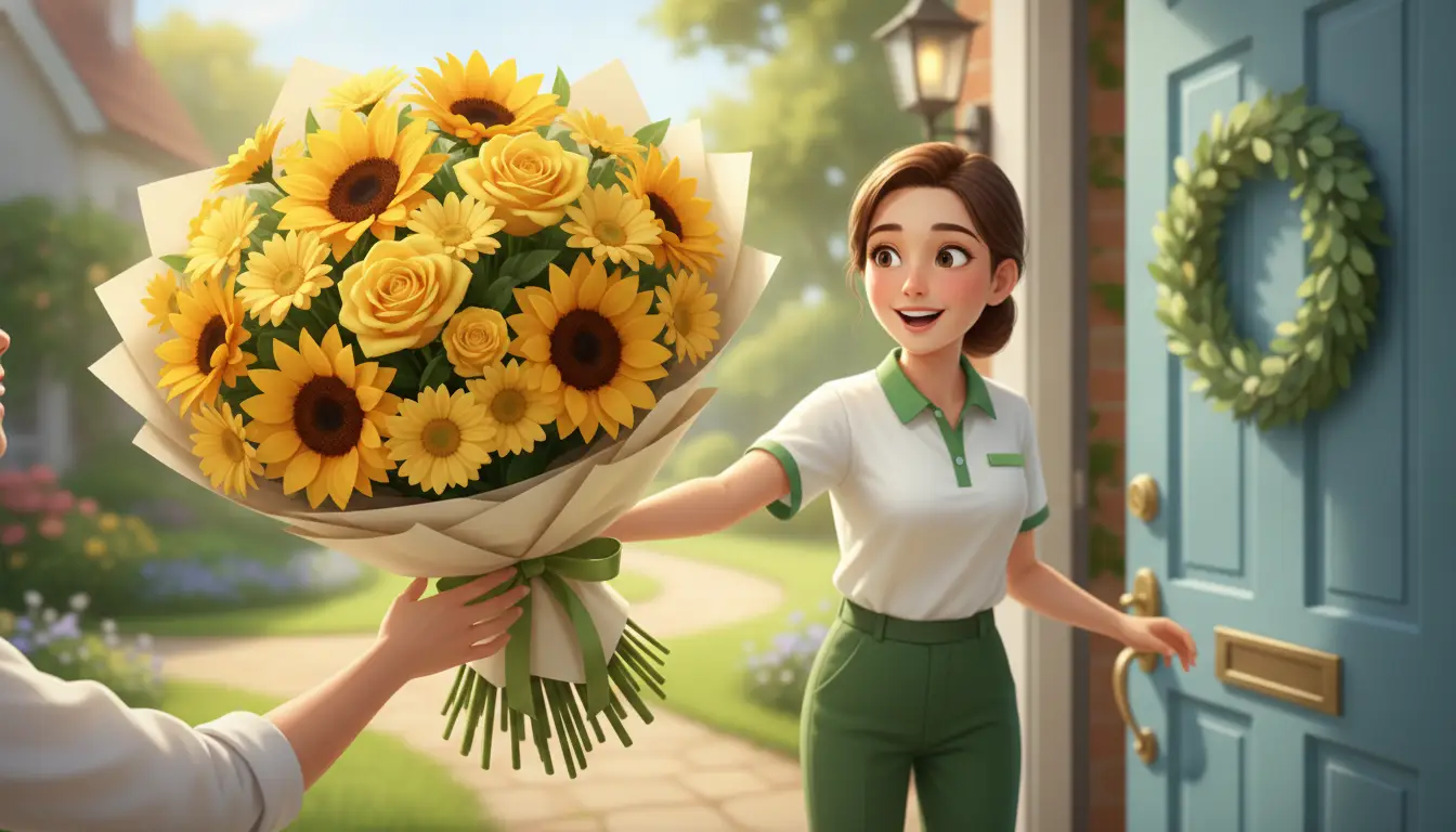 Woman receiving a bouquet of sunflowers and roses at front door in sunny garden setting