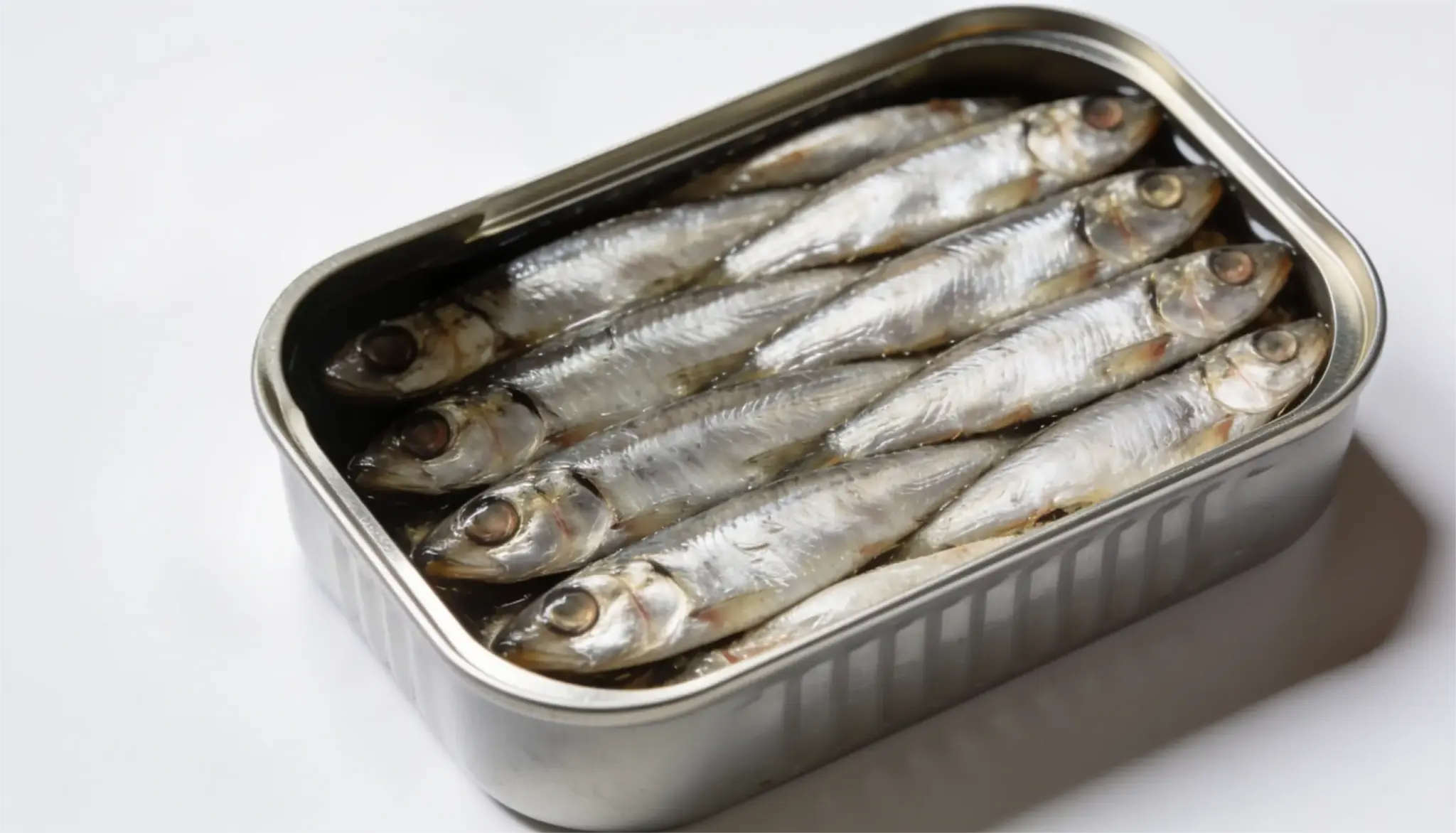 A rectangular metal tin filled with whole, silver sardines packed tightly together.