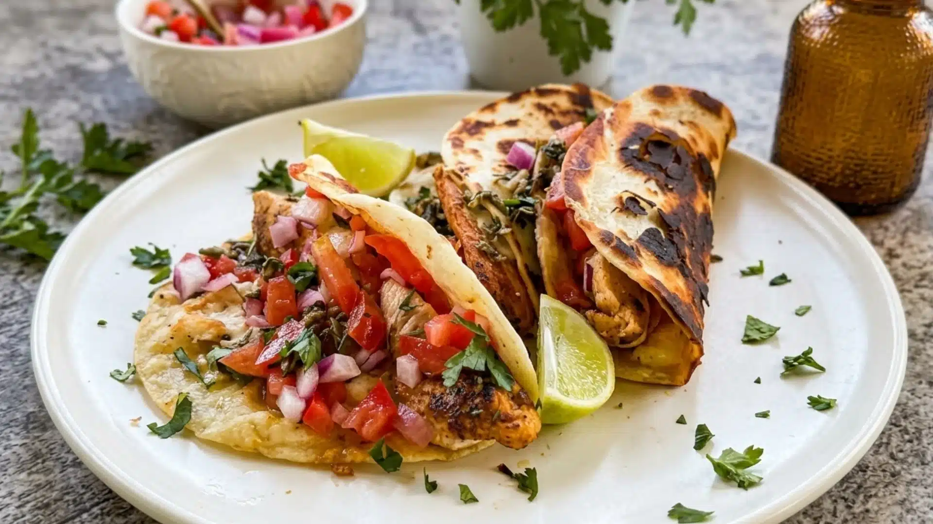 Grilled quesadilla with chicken, tomato, and onion on a white plate with lime wedges.