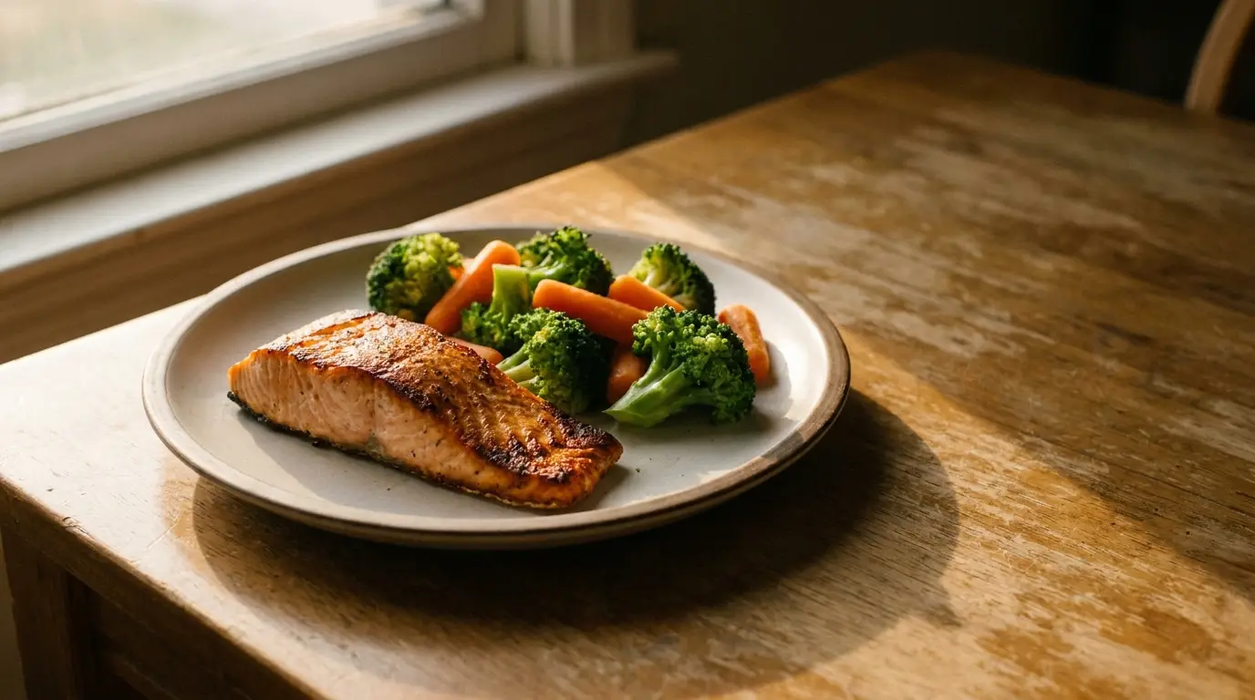 Grilled salmon with broccoli and carrots on white plate on wooden table in warm light