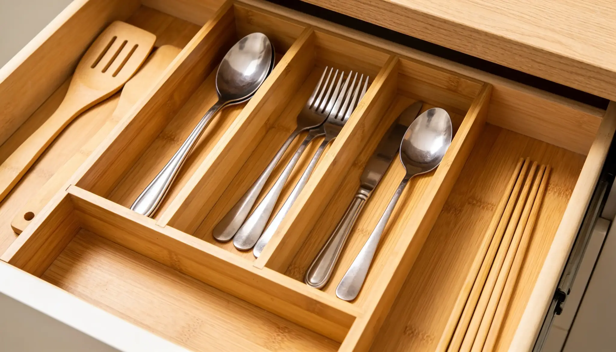 A wooden cutlery organizer in an open kitchen drawer holds various utensils including a spatula, spoons, forks, knives, and chopsticks.