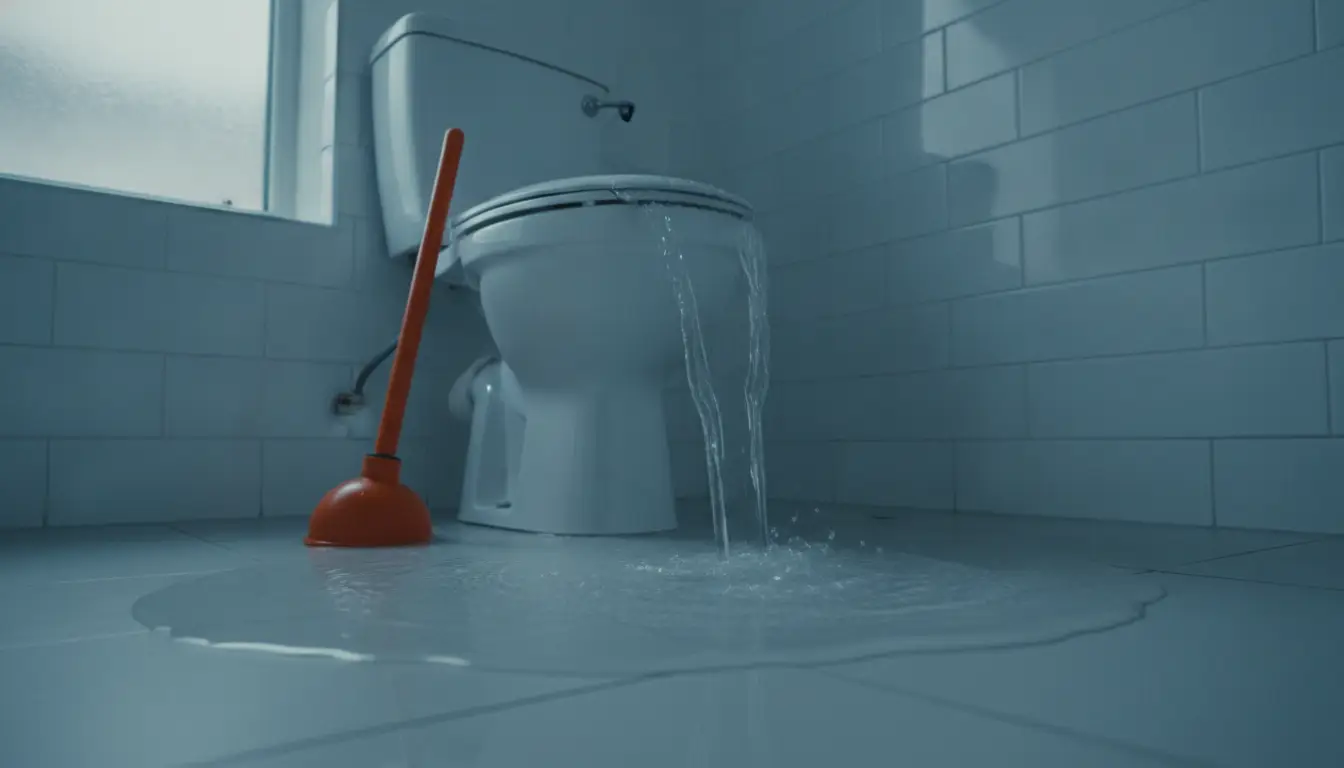 Overflowing toilet with water spilling onto bathroom floor near red plunger