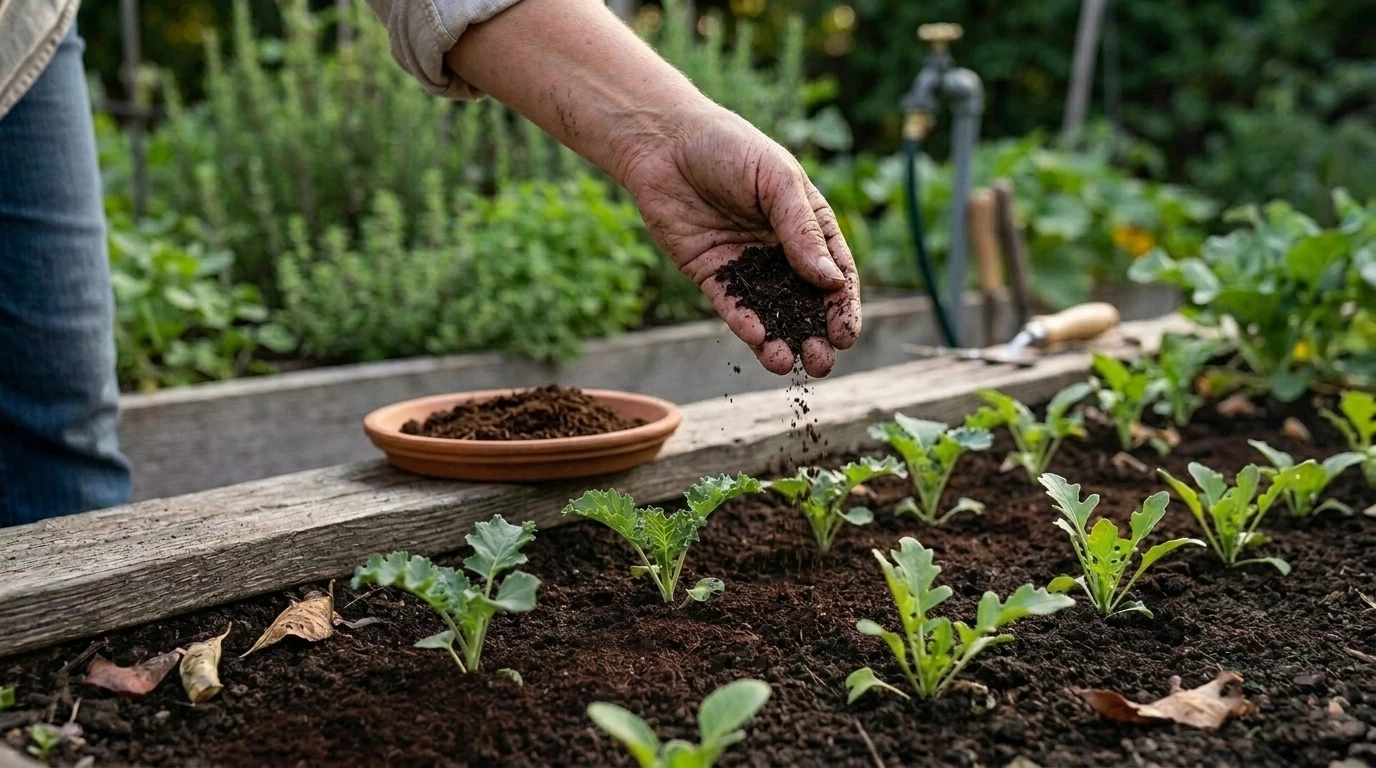 Close-up of a hand with coffee grounds, ready to enrich soil for planting in a garden.