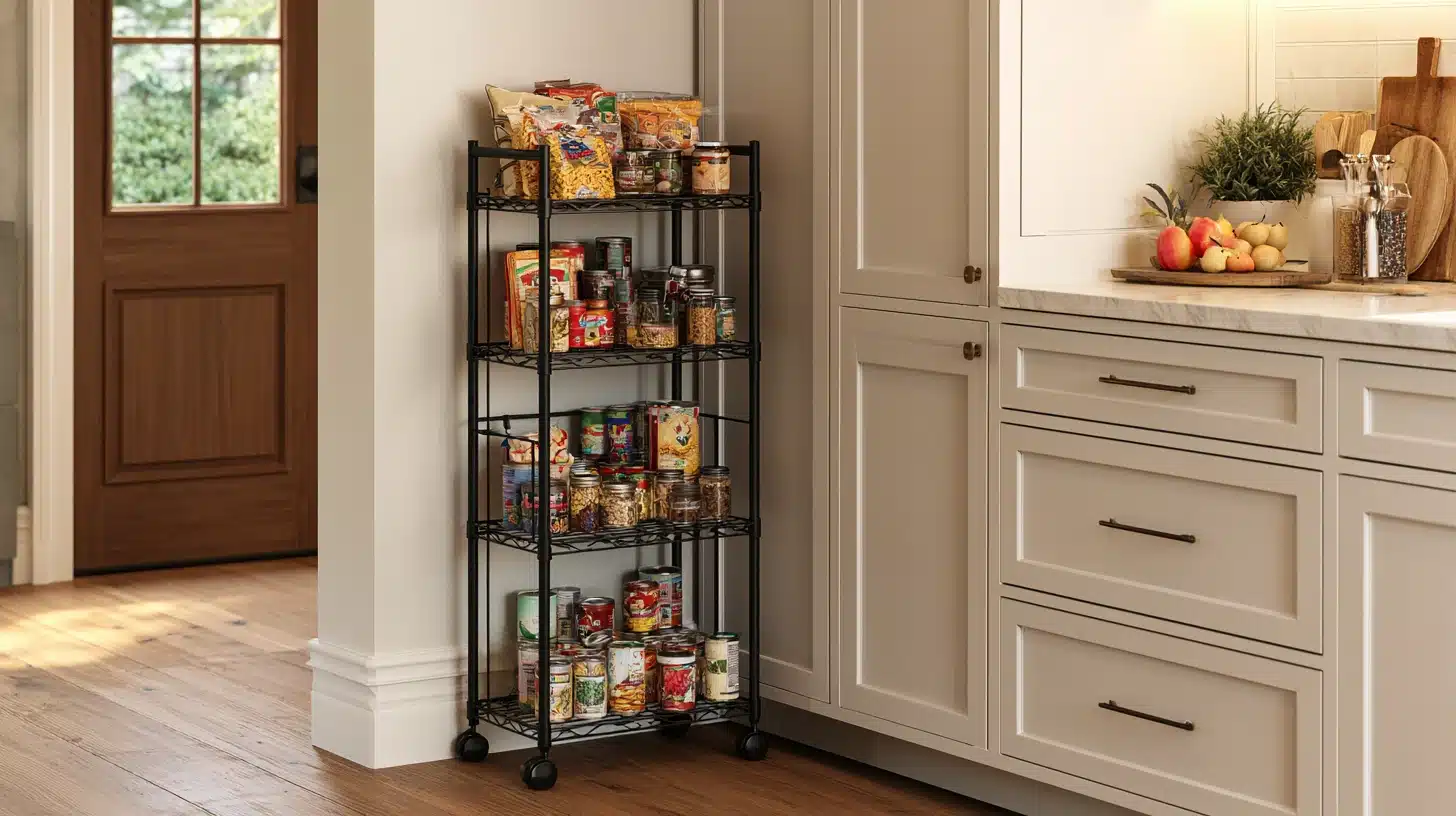 Black rolling pantry cart beside white cabinets stocked with jars canned foods packets and everyday kitchen supplies